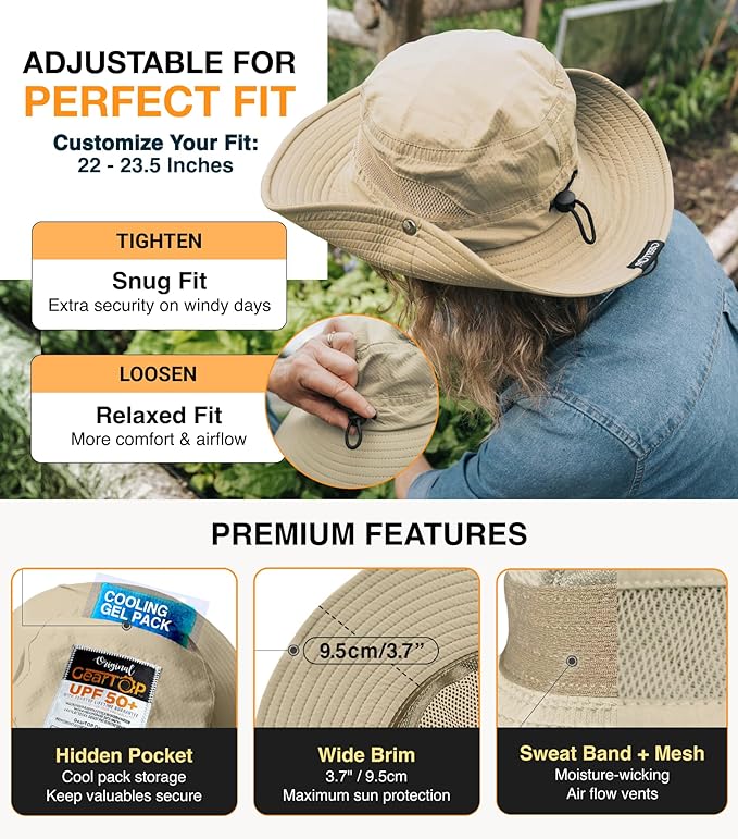 GearTOP Safari Hat for Men Sun Hats for Women UV Protection UPF 50+ Fishing, Gardening, Hiking Hat (22-23 1/2")