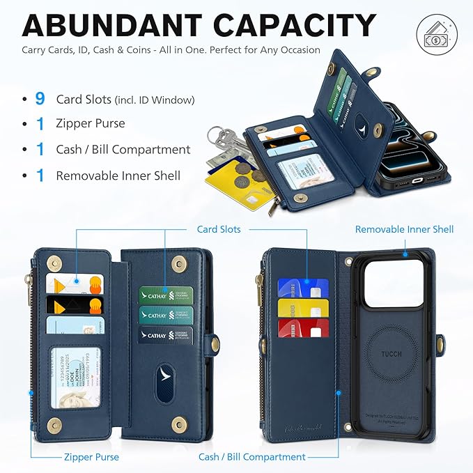 TUCCH Crossbody Detachable Wallet Case for iPhone 17 Pro 6.3" 2025, 9 Card Holders RFID Blocking, Wireless Charging, Stand, Wrist Strap, Lanyard, Zipper Pocket, PU Leather Shockproof Cover, Dark Blue