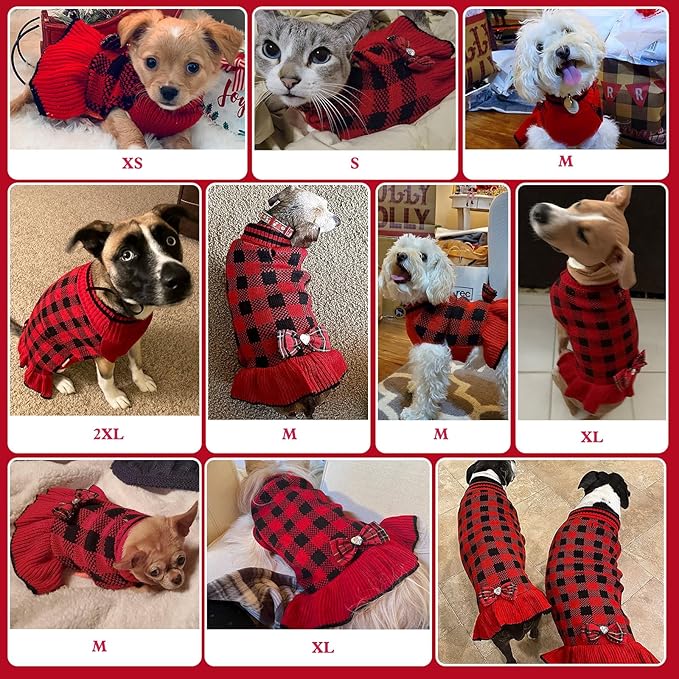 KYEESE Dog Christmas Sweater Dress with Bowtie Checkered, Turtleneck Dog Sweater for Small Dogs Girl with Leash Hole, Holiday Warm Pet Sweaters Dress, Red, Medium
