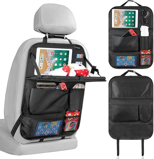 LUCMO Car Backseat Organizer with Tablet Holder,6 Storage Pockets Car Storage Organizer with Foldable Food Tray,Protectors Kick Mats Travel Accessories-Black