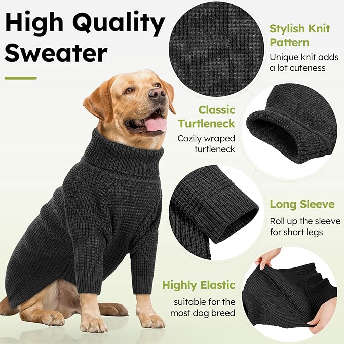 Queenmore Turtleneck Long Sleeve Knitted Dog Sweater With Check Pattern, Fall Winter Warm for Small Medium Large Dogs, Solid Pull-on Pet Sweater for Cats, Charcoal Gray L