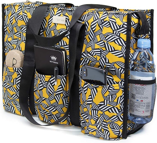 TOPDesign Utility Water Resistant Tote Bag with 13 Pockets, Top Zipper Closure & Thick Bottom Support, for Working Women
