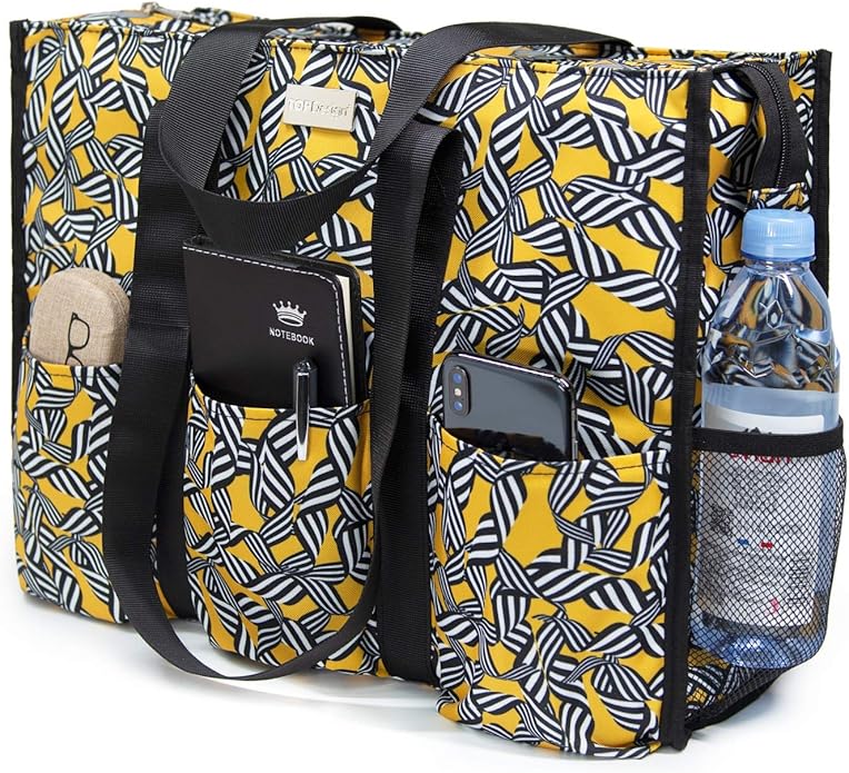 TOPDesign Utility Water Resistant Tote Bag with 13 Pockets, Top Zipper Closure & Thick Bottom Support, for Working Women