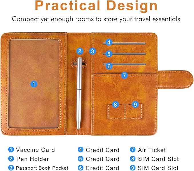 Caweet Passport and Vaccine Card Holder Leather Vaccination Card Wallet with Magnetic Closure, Brown