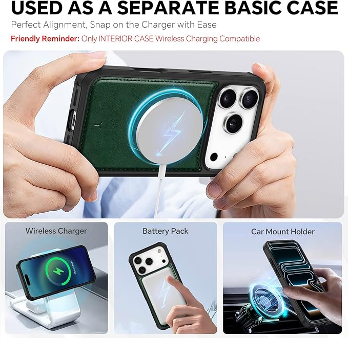 TUCCH Compatible with iPhone 17 Pro (6.3") Detachable Wallet Case with 4 Card Holder, Wireless Charging PU Leather Flip Folio with RFID Blocking Stand Wrist Strap Shockproof Phone Cover, Evergreen