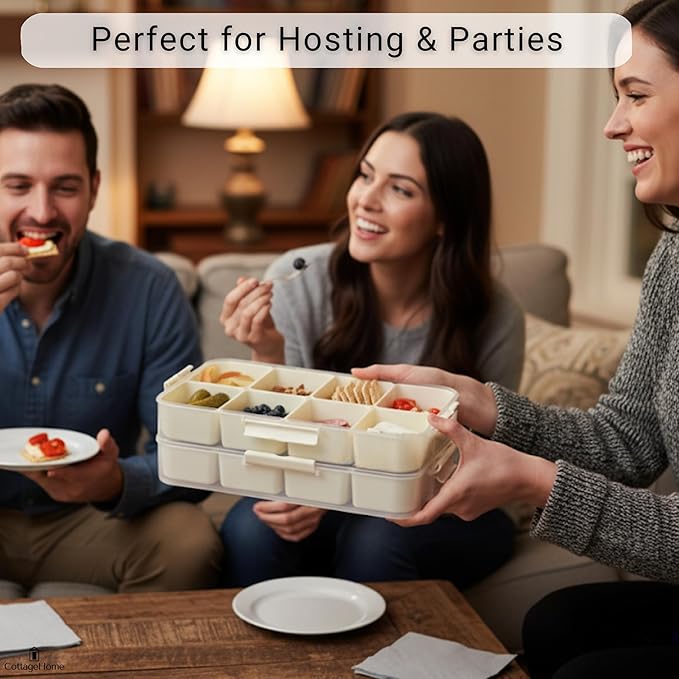 Snackle Box Container with 8 Removable Compartments - 2 Pack Divided Serving Tray with Lid and Handle for Candy, Fruits, Veggies, Nuts, Snacks - Dishwasher Safe, Reusable Travel Snack Box