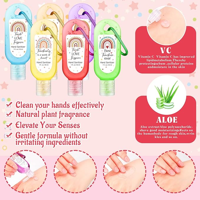 24 Packs Appreciation Teachers Hand Sanitizers Keychains Boho Rainbow Mini 1oz Travel Size Hand Sanitizer Bulk Appreciation Gifts for Teacher's Day Christmas Employees Women Gift