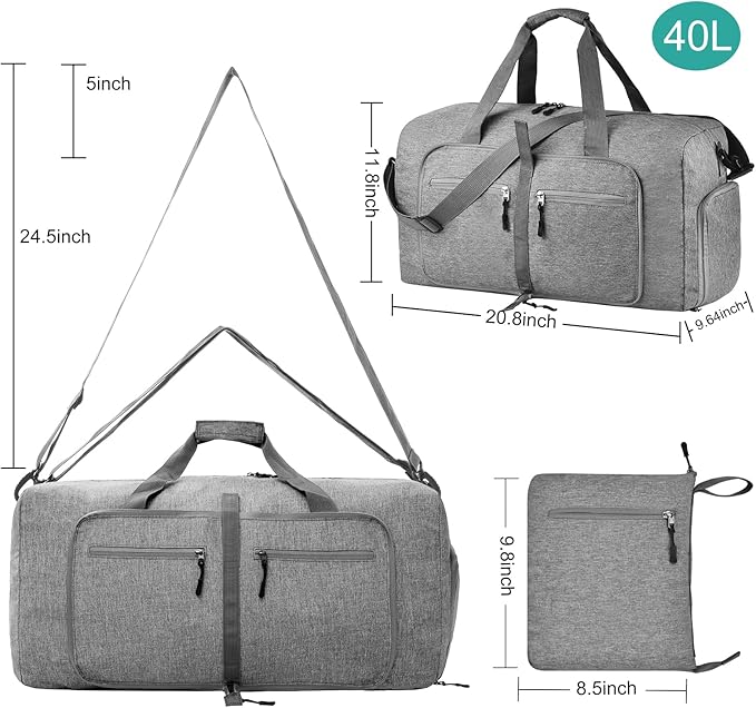 Dimayar 40L Travel Duffle Bag - Foldable Duffel Bag with Shoes Compartment - Overnight Bags Waterproof & Tear Resistant(Gray)