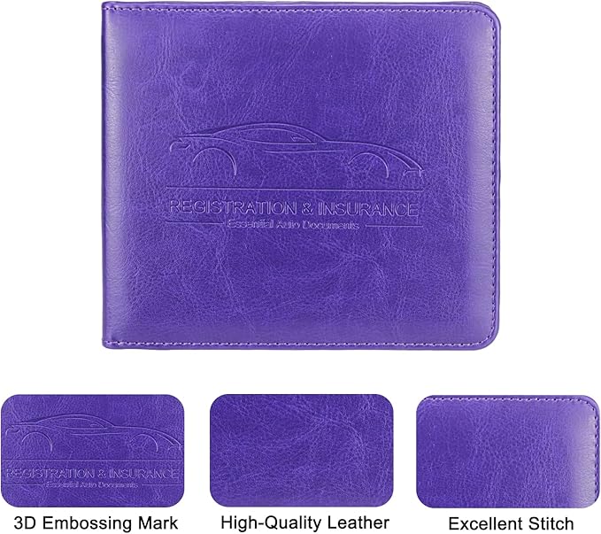 Car Registration and Insurance Holder, Leather Registration and Insurance Card Holder, Vehicle Glove Box Organizer - For Documents, Cards, License (Purple)