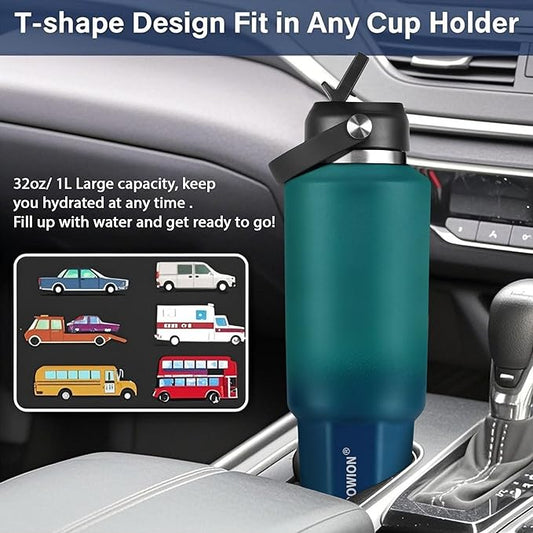 HYDROWION 40 oz Insulated Water Bottle, Car Water Bottle Holder - Double Wall Vacuum Insulated Travel Bottle with Straw Lid, Spout Lid and Flex Cap - Cold for 24H, Hot for 12H, Blue - Lake Green