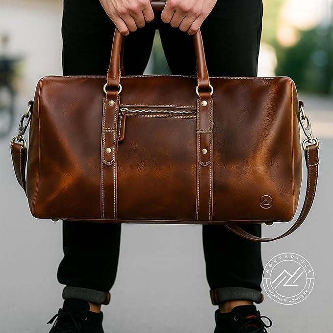 Premium Full-Grain Leather Duffle Bag for Men & Women | 20-Inch Handcrafted TSA Approved Carry-On Weekender Travel Bag with Multiple Pockets & Compartments by Northridge Leather (Antique Brown)