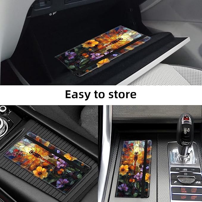 Car Registration and Insurance Holder PU Leather Vehicle Insurance and Registration Holders Wallet Case with Elastic Band Closure for ID Card, Driving Licence, Dragonfly Stained Glass