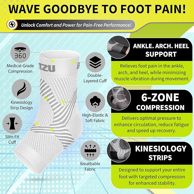 BLITZU Compression Socks for Plantar Fasciitis, Achilles Tendonitis, Arthritis Relief, Ankle Brace Compression Sleeve with Foot Arch Support, Ankle Wrap for Women, Men, Swelling & Heel Pain White XXL