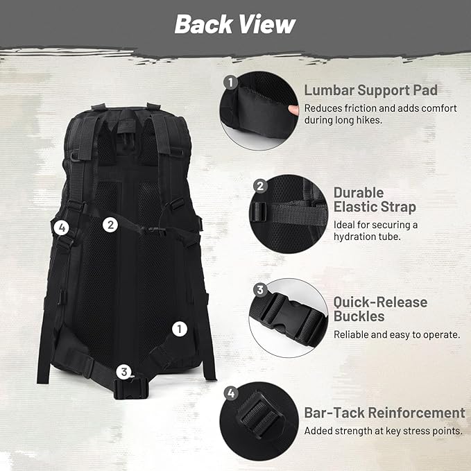 AUMENTAR 50L Tactical Backpack for Men and Women, Water-Resistant Molle Rucksack, Large Military Assault Pack for Hiking, Hunting, Camping, Gym & Outdoor Survival Black