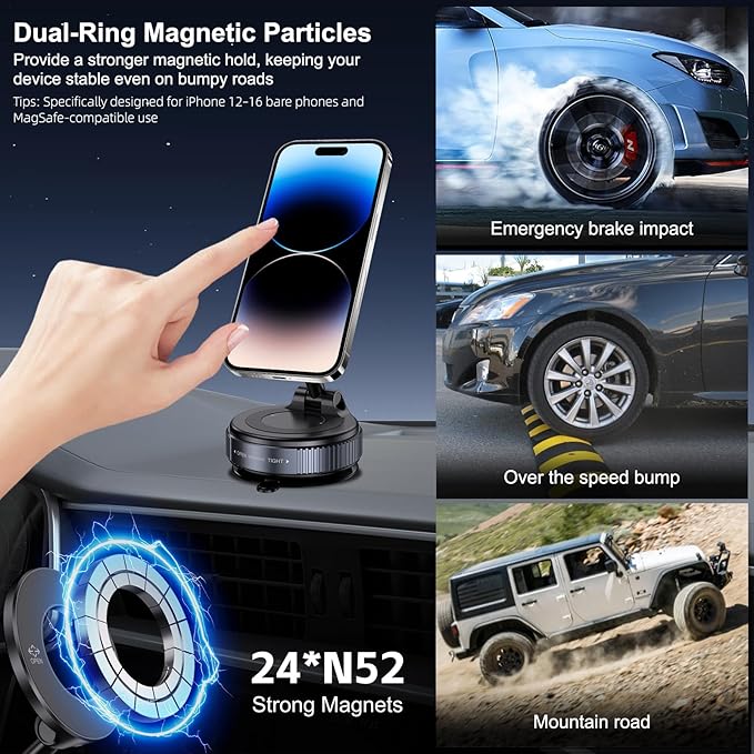 Vacuum Magnetic Suction Phone Holder, Foldable and Retractable Hands-Free Suction Cup Phone Mount for Car/Gym/Mirror/Smooth Surface, Compatible with iPhone and Android (Space Grey)