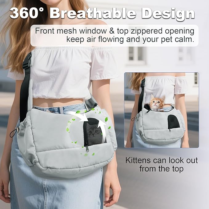 Dog Sling, Dog Carriers for Small Dogs up to 7 lbs Kitten and Puppy, Breathable Cat Carrier Sling Pet Purse with Pockets, Hands-Free Pet Carrier with Safety Harness for Travel, Gray