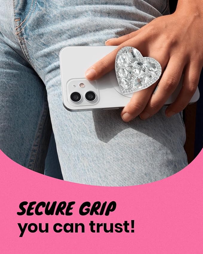 OnTheGrip Compatible with Magsafe Cute Cubic Diamond Heart Shape Design Collapsible Mobile Phone Grip Stand Holder for Smartphone Tablet Cell Phone Accessory (Silver Big)