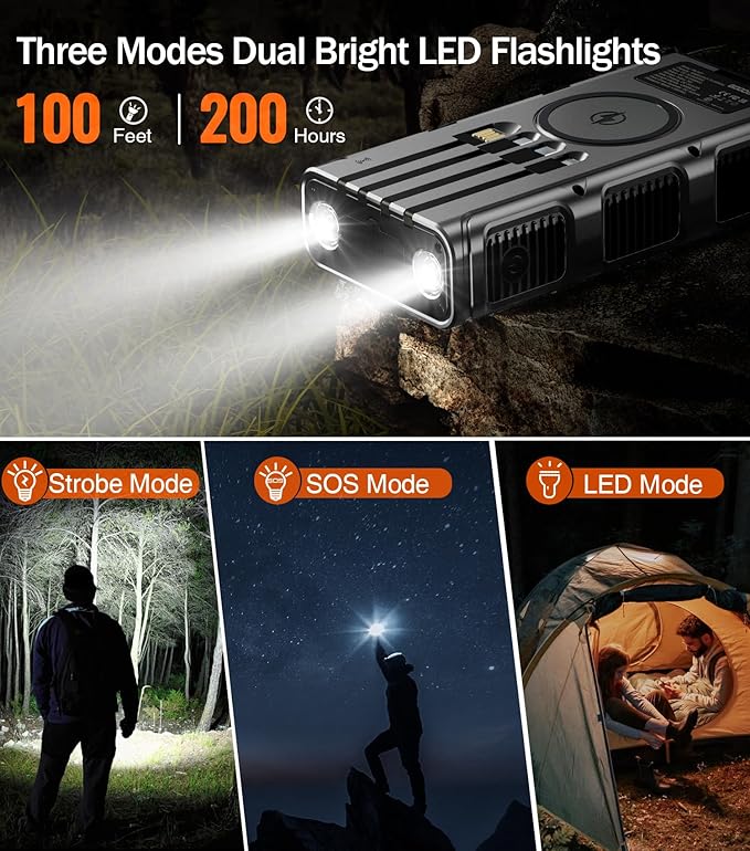 GOODaaa Power Bank Wireless Charger 45800mAh Built in Hand Crank and 4 Cables 15W Fast Charging Power Bank 7 Outputs & 4 Inputs Solar Portable Charger, SOS/Strobe/Strong Flashlights, Compass