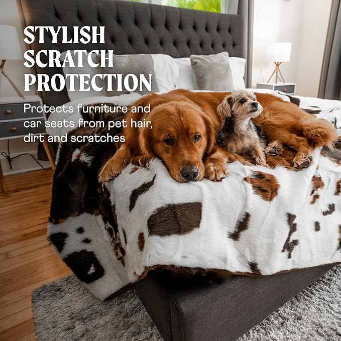 PAW BRANDS PupProtector Waterproof Throw Blanket for Dogs and Cats, Pet Blanket Cover for Couches, Sofas, Beds, Car Seats, Furniture, Calming Soft Faux Fur, Brown Cowhide, Large (80" L x 62" W)