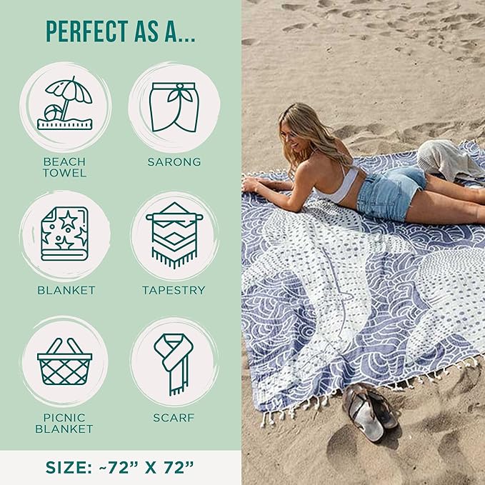 Sand Cloud Extra Large Turkish Beach Towel - Free 100% Organic Cotton Yarn Quick Dry for Beach, Picnic, Blanket or Bath As Seen on Shark Tank Marine Life (Whale XL)