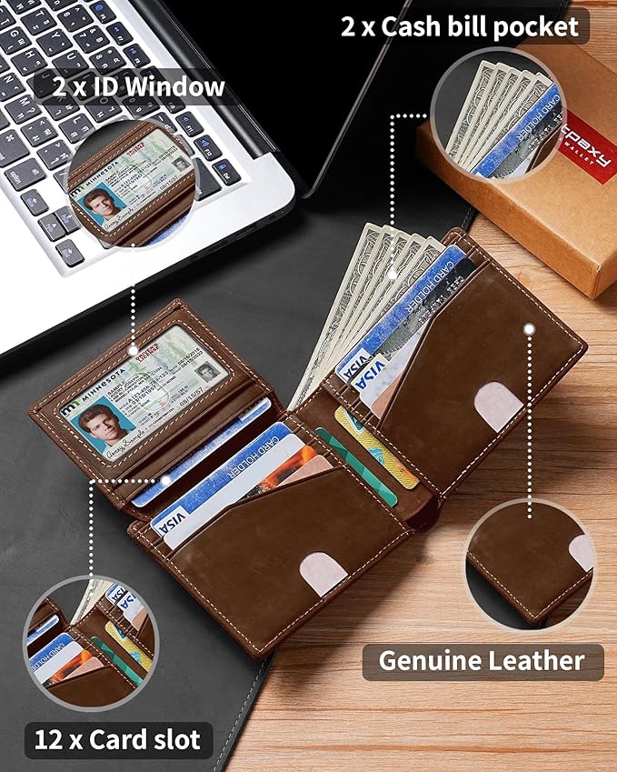 Artpaxy Mens Wallet Bifold Genuine Leather RFID Blocking Wallet for Men with 2 ID Windows 12 Card Holders 2 cash pockets 1 Gift Box