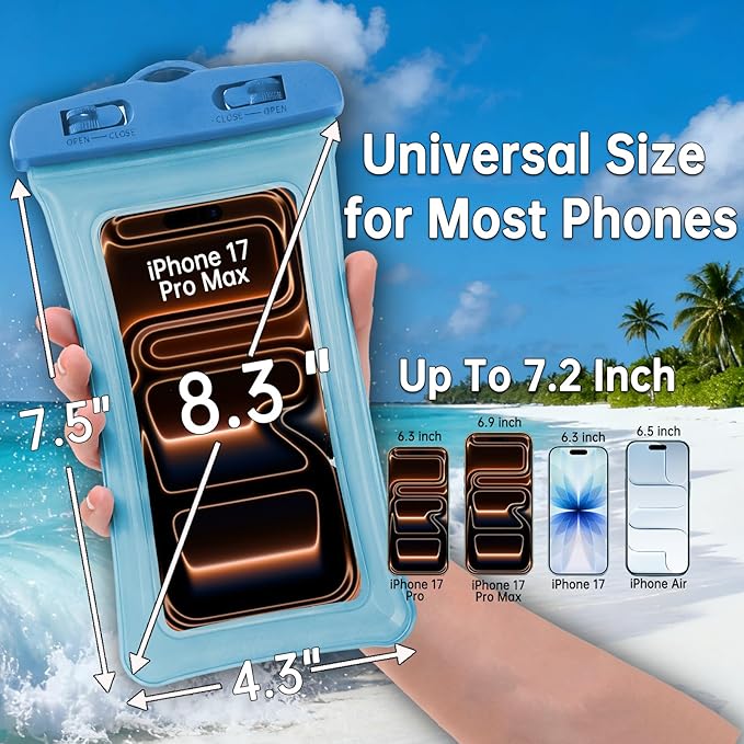 2 Pack Waterproof Phone Pouch, Waterproof Phone Case，Compatible with iPhone 17 16 15 14 13 Pro Max, IPX8 Cellphone Dry Bag Beach Cruise Ship Essentials 8.3" (Purple + White)