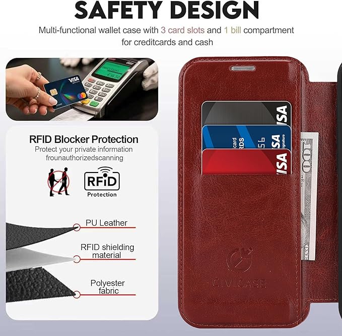 CIVICASE for iPhone 15 Wallet Case with Stand,PU Leather Flip Credit Card Holder Slots (RFID Blocking),Compatible with Magsafe Magnetic Holder Phone Cover Women Men, Dark Brown