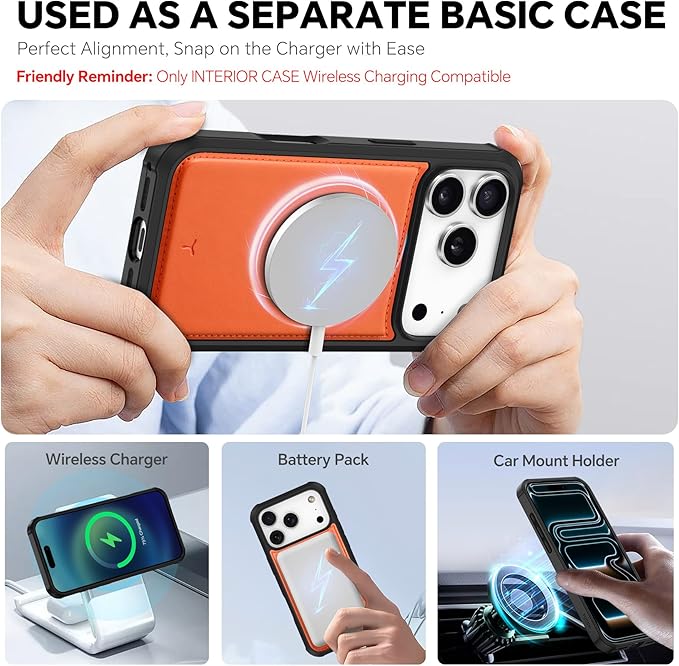 TUCCH Detachable Case Wallet for iPhone 17 Pro (6.3") 2025, Wrist Strap | 4 Card Slots RFID Blocking | Wireless Charging | Stand | 2-in-1 Magnetic | PU Leather | Shockproof Folio Cover | Orange