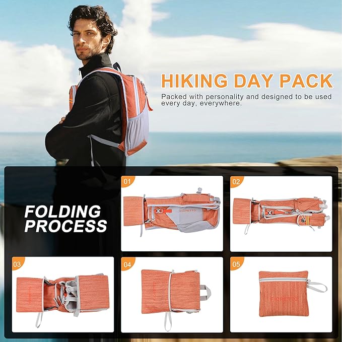 FIORETTO 10L Lightweight Packable Hiking Backpack Small Foldable Daypack for Women Men Compact Travel Backpack for Camping & Outdoor, Orange