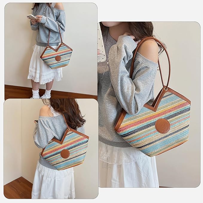 ZOCILOR Women's Straw Shoulder Tote Bag with PU Leather Trim, Large Woven Beach Handbag, Lightweight Casual Summer Purse