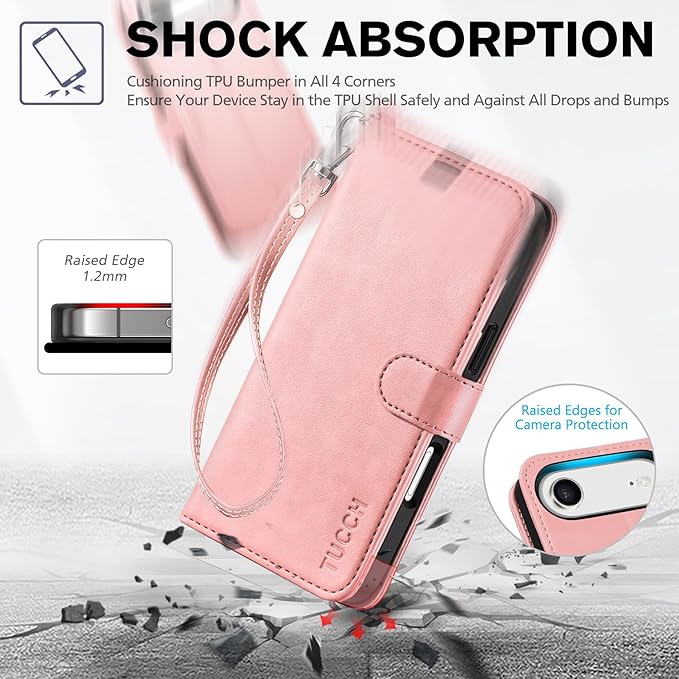 TUCCH Wallet Case for iPhone Air (6.5") 2025, Wrist Strap | 4 Card Slots | RFID Blocking | Kickstand | Shockproof TPU Shell | PU Leather | Magnetic | Protective Flip Cover | Rose Gold