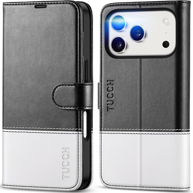 TUCCH Wallet Case for iPhone 17 Pro (6.3") 2025, 4 Card Holders, RFID Blocking, Stand, Shockproof TPU Shell, PU Leather, Magnetic Closure, Protective Flip Folio Cover, Black & White