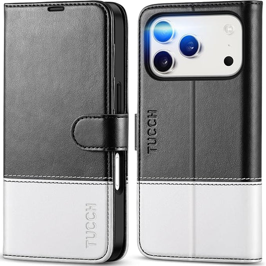 TUCCH Wallet Case for iPhone 17 Pro (6.3") 2025, 4 Card Holders, RFID Blocking, Stand, Shockproof TPU Shell, PU Leather, Magnetic Closure, Protective Flip Folio Cover, Black & White