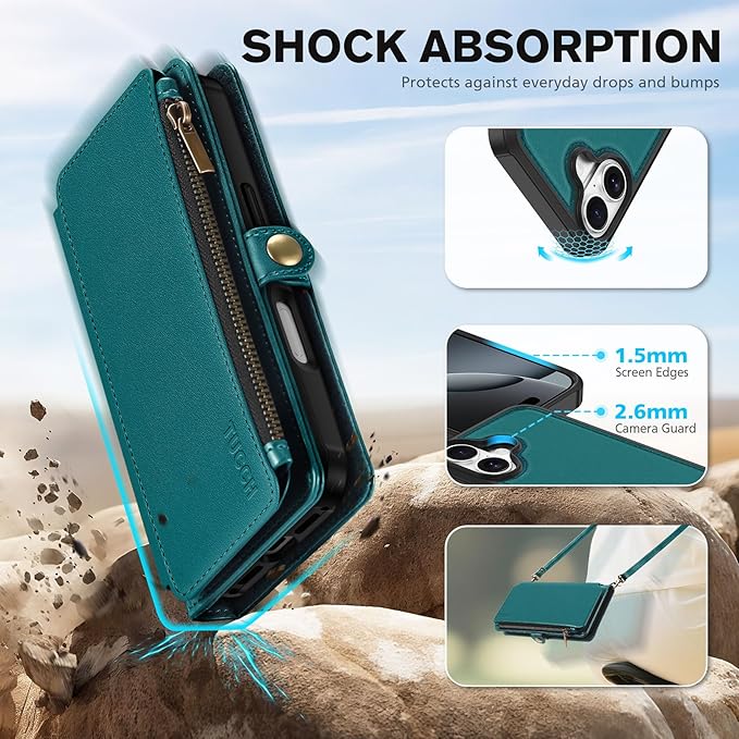 TUCCH Detachable Crossbody Wallet Case for iPhone 17 (6.3"), 9 Card Holders RFID Blocking | Lanyard | Wrist Strap | Wireless Charging | Zipper Pocket | PU Leather | Kickstand Flip Cover | Bluish Green