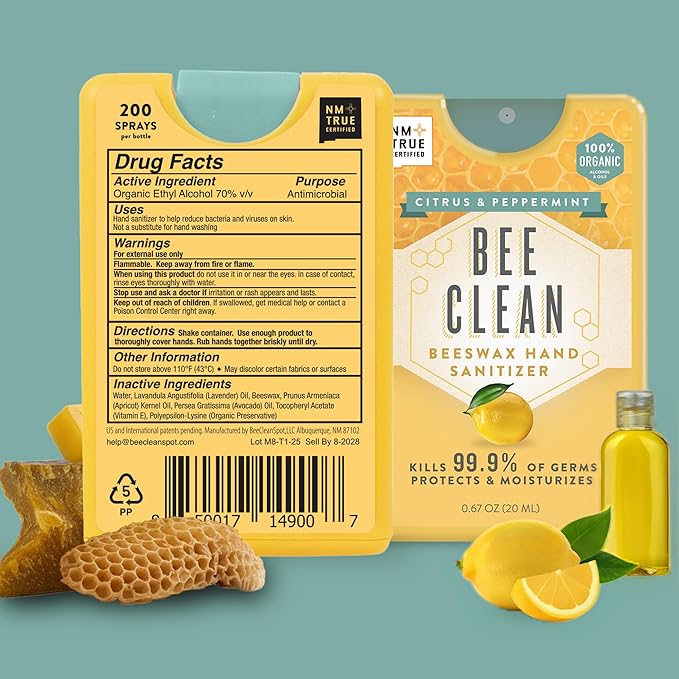 Organic Beeswax Hand Sanitizer Spray - 4-Pack (Citrus Peppermint), Travel Size Mist Spray with Organic Ethyl Alcohol, Moisturizing and Refreshing with Essential Oils, Non-Toxic, Made in USA