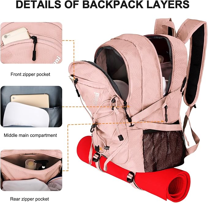 45L Hiking Backpack with Rain Cover, Lightweight Foldable Camping Backpack for Trekking, Water-Resistant Daypack with Hiking Pole & Mat Carrying System,Pink