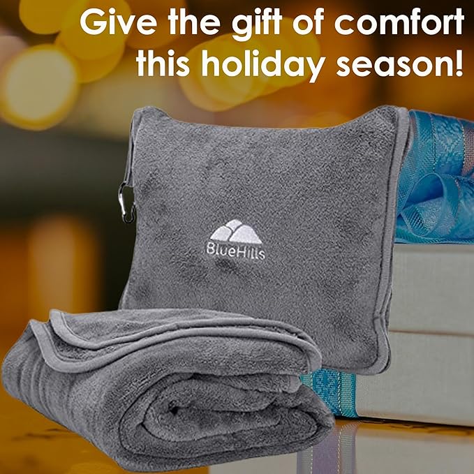BlueHills Premium Soft Long Travel Blanket Pillow for Tall Airplane Flight Blanket Throw in Soft Bag case with Hand Luggage Belt & Backpack Clip Compact Pack Large Grey Gray T052