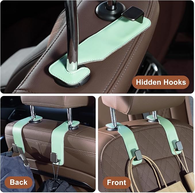 CoBak Headrest Hooks for Car - Universal Premium Stitched Leather and Aluminum-Magnesium Alloy Single Car Seat Back Storage Hook for Purses, Handbags, Bags (2 Pack),Sage Green