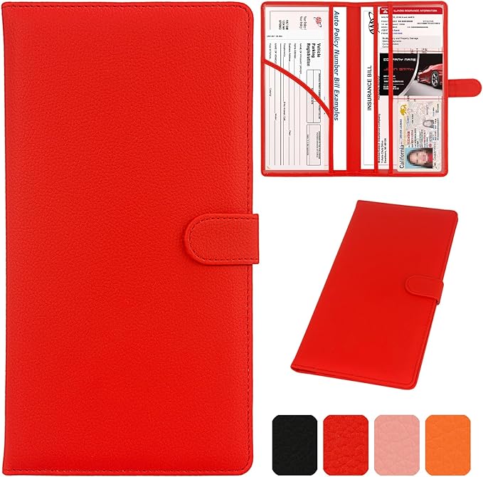 Car Registration and Insurance Holder, Leather Magnetic Shut Vehicle Glove Box Organizer for Document, Card, Driver License, Red