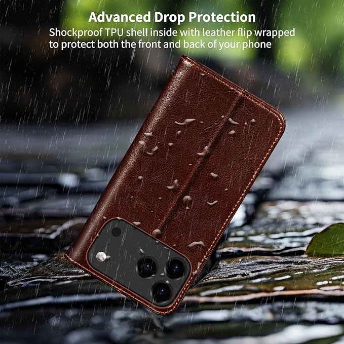 Belemay Leather Wallet Case Compatible with iPhone 17 Pro Max, Premium Cowhide Leather Two-Tone Effect, RFID Blocking Card Holders, Shockproof TPU Shell, Kickstand, Protective Flip Cover, 6.9", Brown