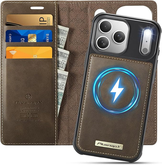 PlusnapX Wallet Case for iPhone 17 Pro Max Compatible with Magsafe, 2-in-1 PU Leather Flip RFID Blocking Card Holder Stand Shockproof Magnetic Detachable Cover for iPhone 17 Pro Max Case 6.9", Brown