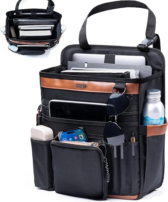 Car Seat Organizer with Laptop Compartment (Fits 15.6"), Front & Backseat Passenger Organizer with Adjustable Strap, Multiple Pockets, Portable Office Bag, Water-Resistant 1200D Polyester