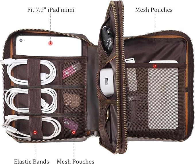 Polare Full Grain Leather Travel Cable Organizer Case Double Layer Electronics Accessories Carry Bag with YKK Zippers Tech Storage Bag for Cables, Power Bank, USB, SD Card