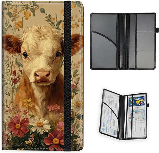Car Registration and Insurance Holder PU Leather Vehicle Insurance and Registration Holders Wallet Case with Elastic Band Closure for ID Card, Driving Licence, Calf Flower Field