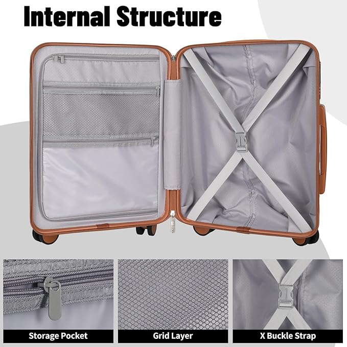 Lightweight Luggage with Spinner Wheels & YKK Zipper, 3-Piece Suitcase ABS+PC Hardside Hard Shell Luggage Set with TSA Lock, Black & Brown (20+24+28 inch)