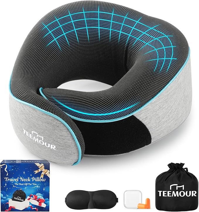Upgraded Travel Pillow Memory Foam Neck Pillow Airplane- 360° Support Travel Pillows for Airplanes, With Eye Mask & Earplugs, Portable Carry Bag for Long Flights, Train| Best Travel Essentials