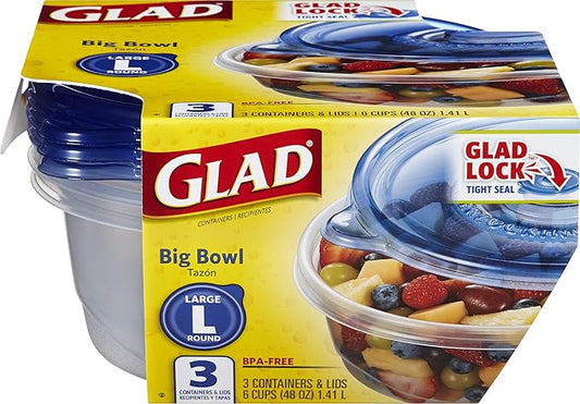Glad Big Bowl Food Storage Containers, Large Round - (48 Oz) - 3 Count, Standard