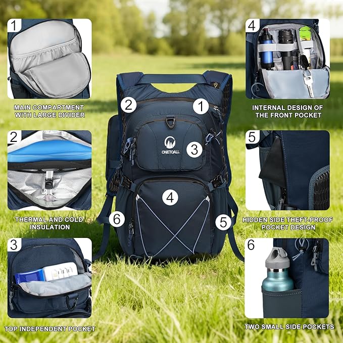 ONETOALL Hydration Backpack 22L, Hiking Backpack with 2L Leakproof Bladder, Sewn-in Rain Cover, Insulated Compartment for Men & Women Running, Cycling, Camping