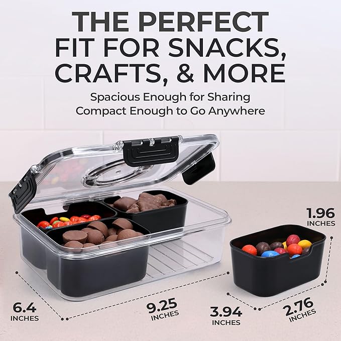 Snackle Box Container with Lid- Travel Charcuterie Box with Handle - Organizer for Candy, Fruit, Nuts, Veggies, Snacks, Beach Essentials, Portable Lunch Box (Black, Small)