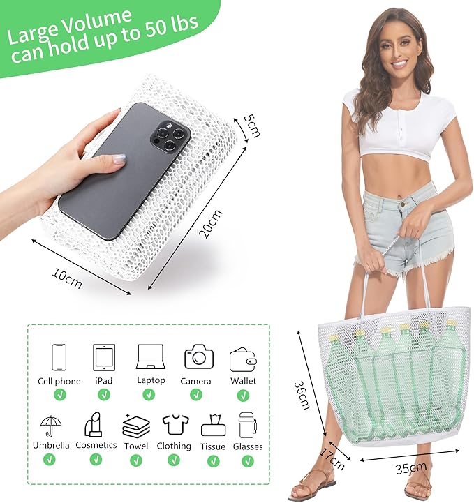 KALIDI BeachNylon Mesh Tote Bag, Casual Tote Bag Hobo Women Foldable MAX 23L Shoulder Bag For Beach Picnic Vacation